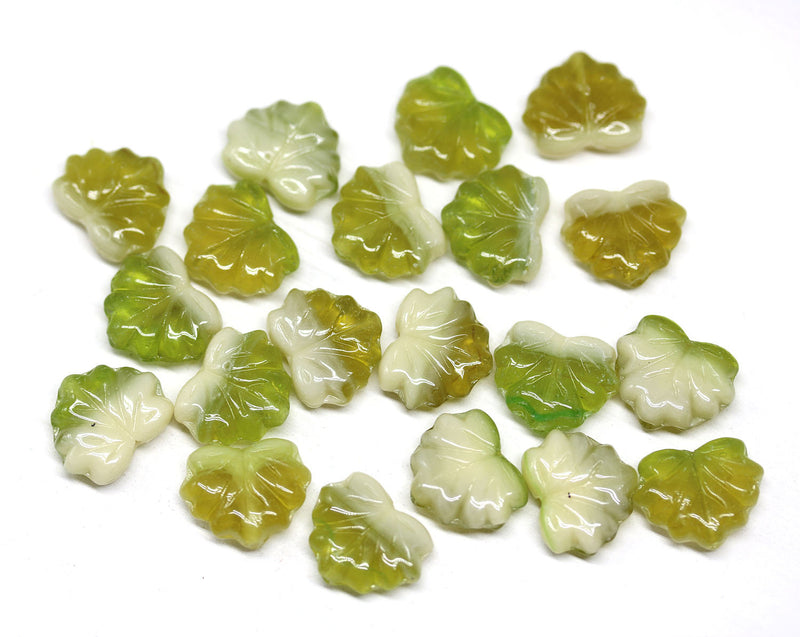 11x13mm Mixed green Maple leaf beads, Olive green Czech glass pressed leaves, 20pc
