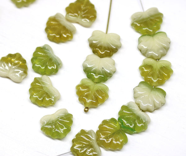 11x13mm Mixed green Maple leaf beads, Olive green Czech glass pressed leaves, 20pc