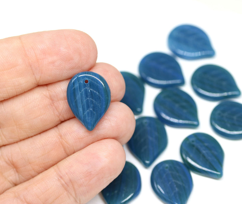 18x13mm Montana Blue large glass leaves, Czech glass beads, 12Pc
