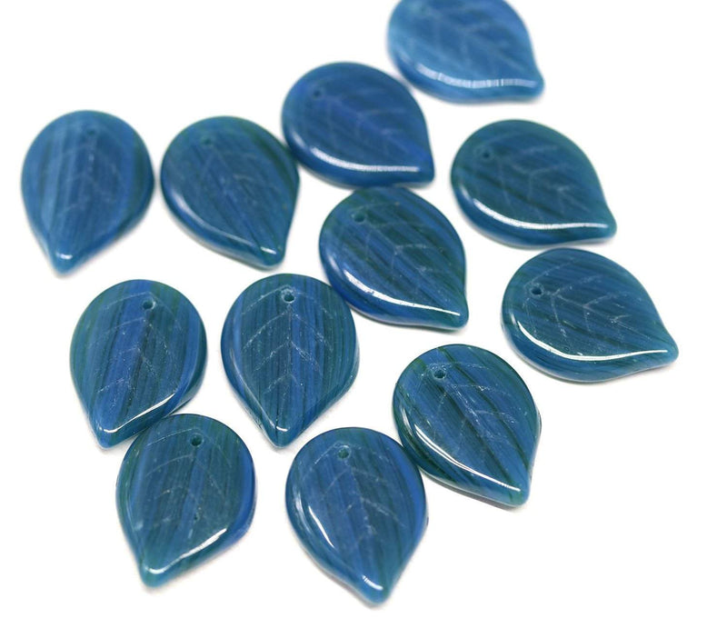 18x13mm Montana Blue large glass leaves, Czech glass beads, 12Pc