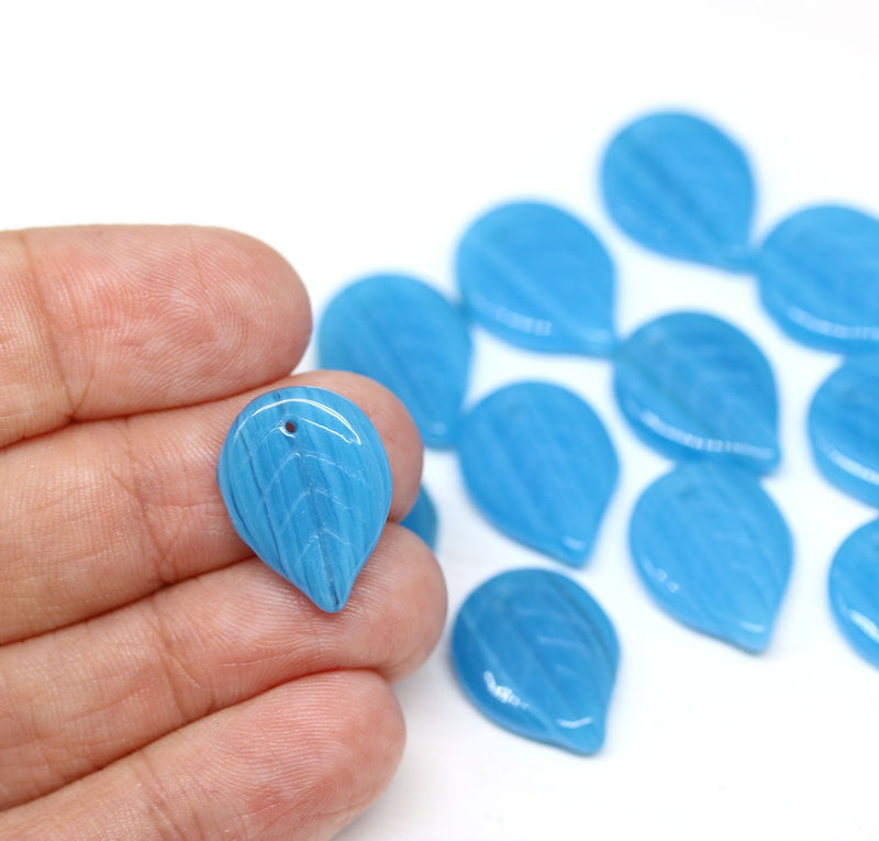 18x13mm Bright Blue large glass leaves, Czech glass 12Pc