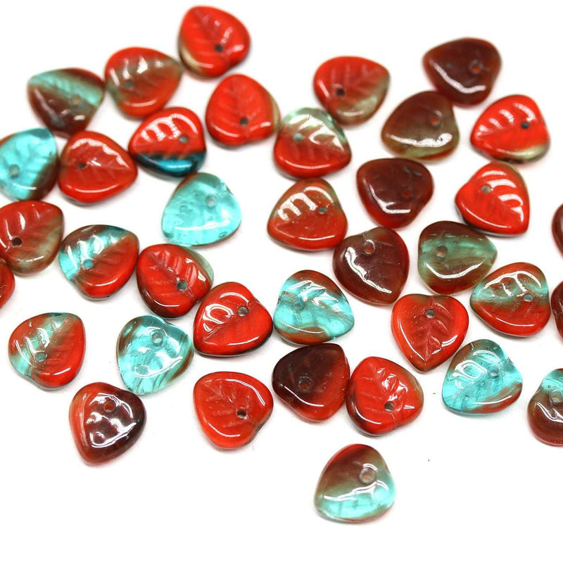 9mm Red leaf glass beads, Heart shaped triangle leaf, Red blue - 50pc