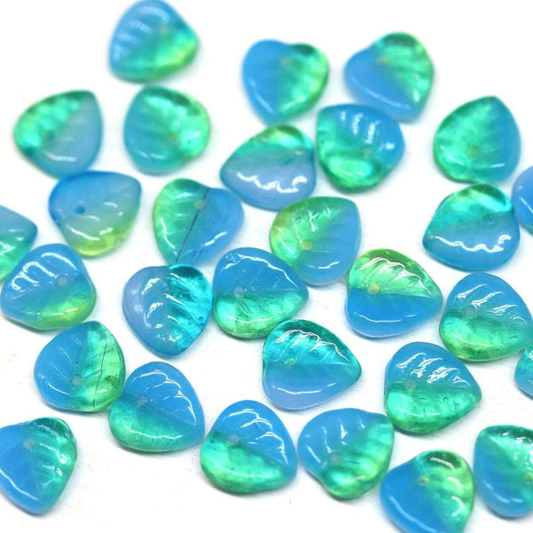 9mm Blue green glass leaf beads, Heart shaped triangle leaf - 50pc