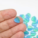 9mm Blue green glass leaf beads, Heart shaped triangle leaf - 50pc