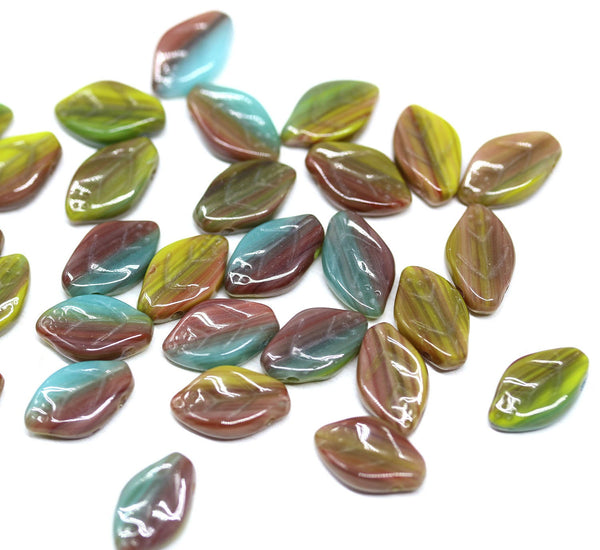 12x7mm Mixed color leaf beads, Brown yellow Czech glass - 50pc