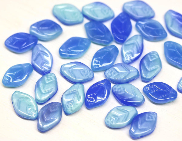 12x7mm - Mixed blue 12x7mm leaf beads, Opaque Blue Czech glass - 30pc