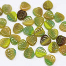 9mm Olive Green leaf beads, Mixed color Czech glass small leaves petals - 50pc