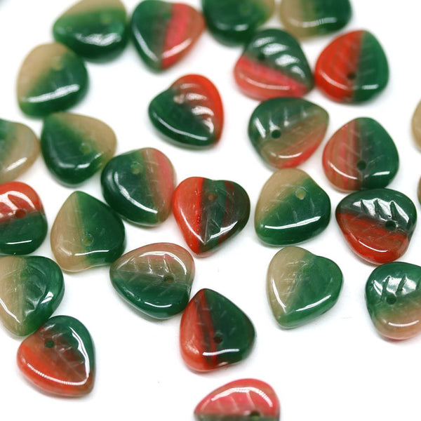 9mm Green red leaf beads, Heart shaped triangle, Czech glass - 50pc