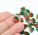 9mm Green red leaf beads, Heart shaped triangle, Czech glass - 50pc