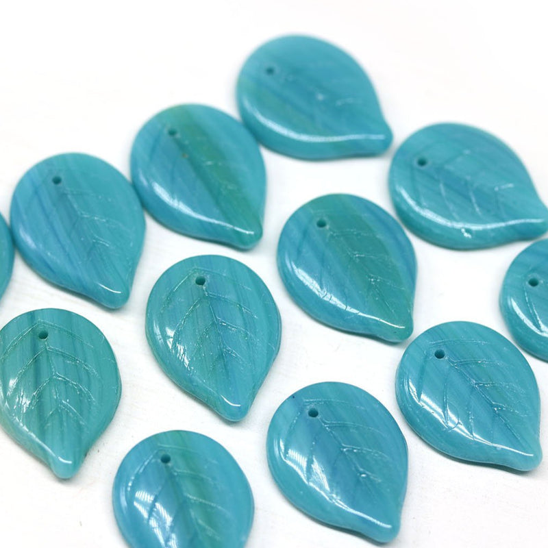 18x13mm Blue green large glass leaves, Czech glass beads, 15Pc