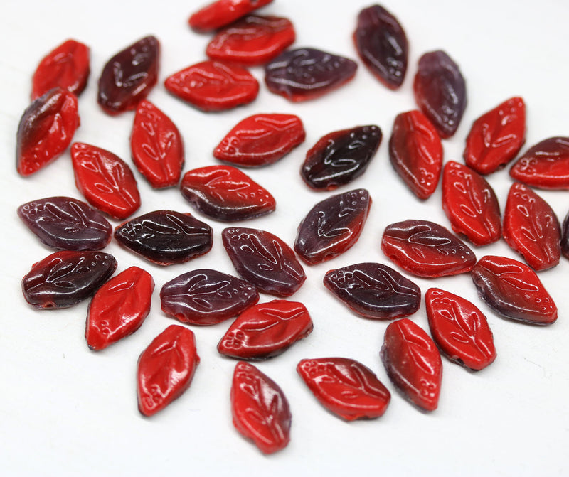 10x6mm Red leaf beads, Czech glass pressed leaves - 60Pc