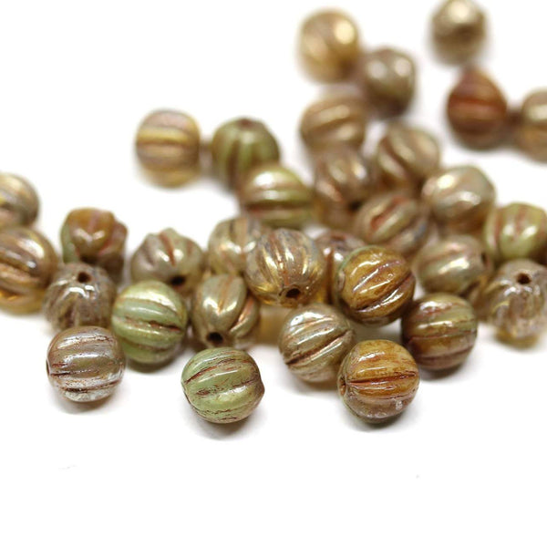 5mm Lustered beige brown green druk round melon beads Picasso finish - 40Pc