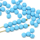 5mm Sky blue round druk melon beads, czech glass carved spacers - 40Pc