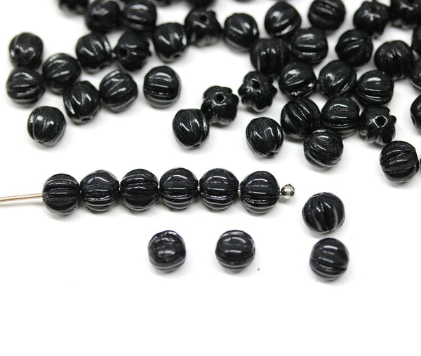5mm Jet black round druk melon beads, czech glass black spacers - 50Pc