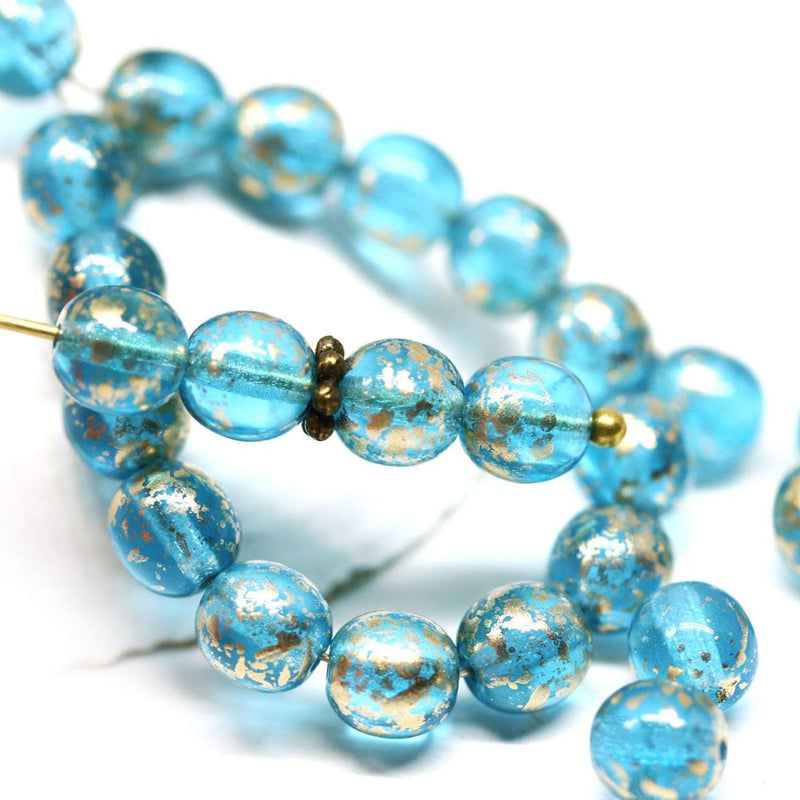 6mm Aqua Blue round druk czech glass beads with golden flakes - 40Pc