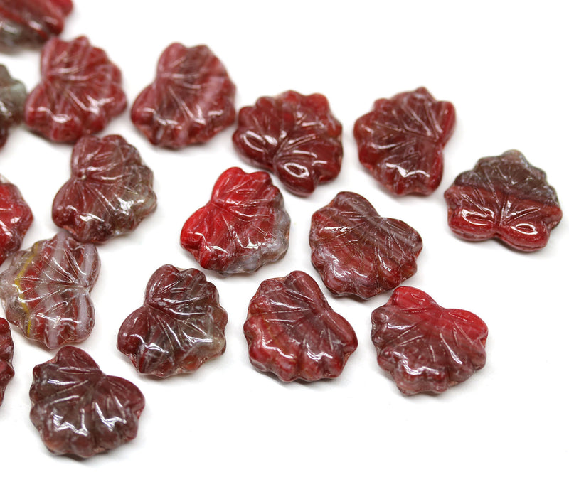 11x13mm Red maple leaf glass beads, Mixed red Czech glass leaves, 20Pc
