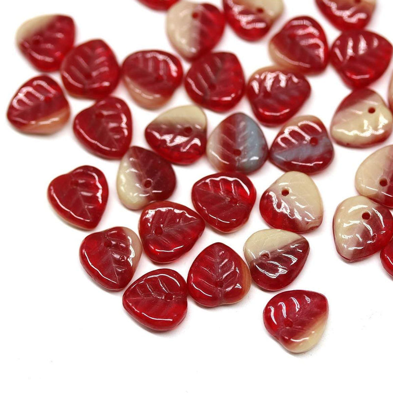9mm Red beige leaf glass beads, Heart shaped triangle leaf - 50pc