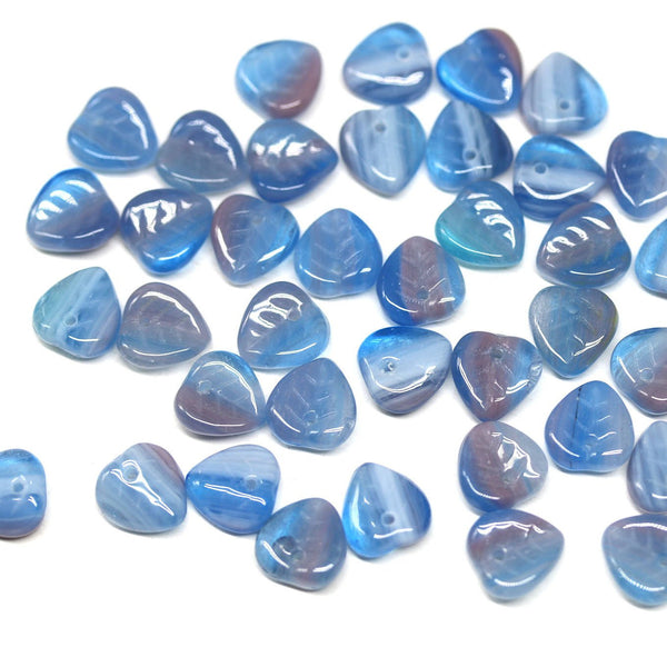 9mm Blue pink glass leaf beads, Heart shaped triangle leaf - 50pc
