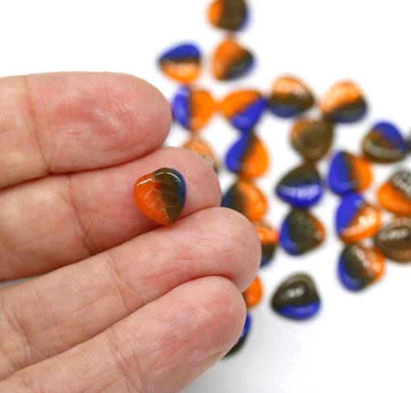 9mm Blue orange glass leaf beads, Czech glass small leaves petals - 50pc