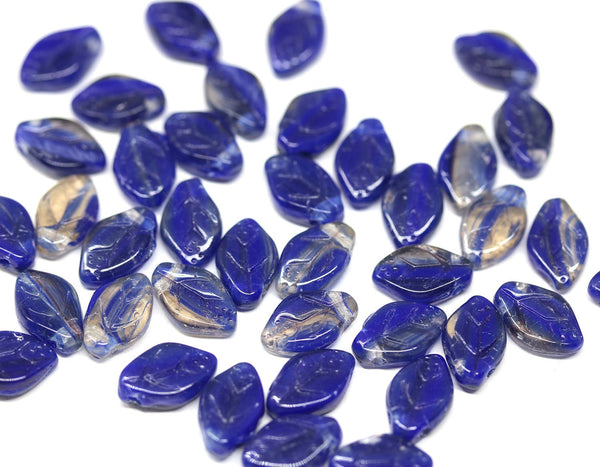 12x7mm Dark blue leaf beads, Mixed color Czech glass - 50pc