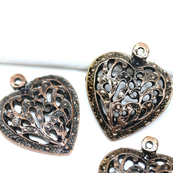 4pc Antique copper Filigree heart charms