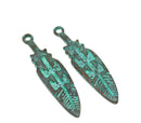 4pc Long feather charms, 38mm Green patina