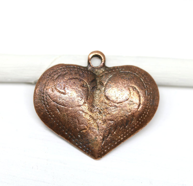 Large puffy heart pendant bead, Antique copper