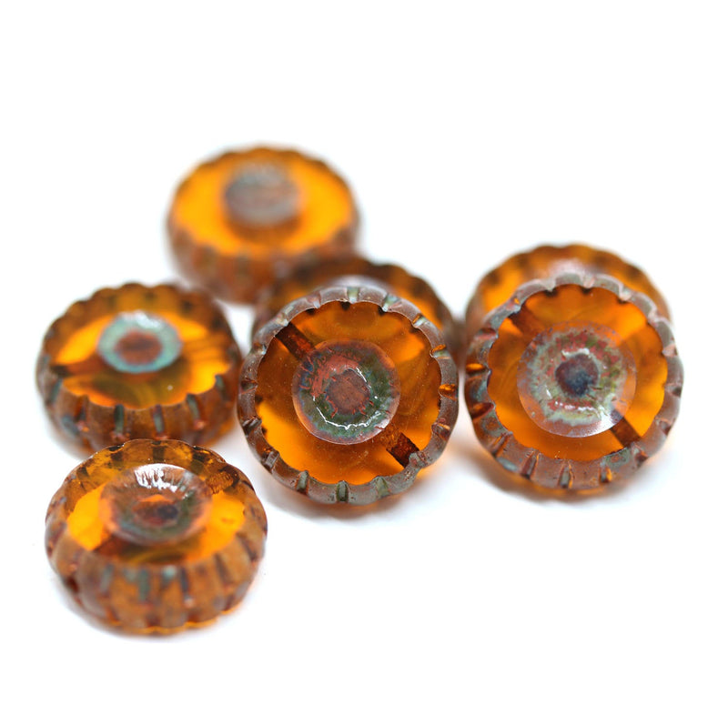 12mm Brown topaz Picasso finish Czech glass fire polished round flat beads, 8pc