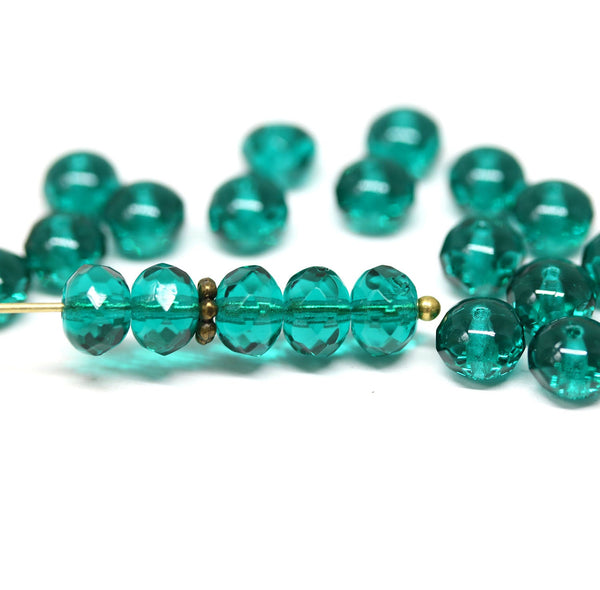 40pc Teal green beads, Czech glass rondelle spacers - 5x7mm