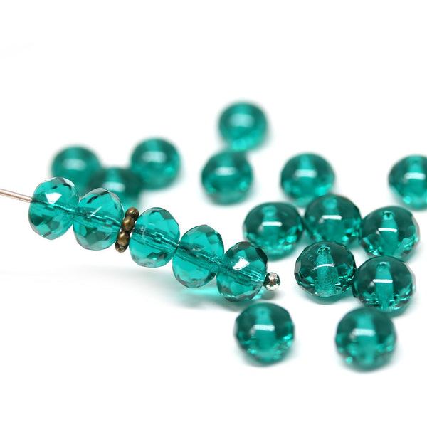 40pc Teal green beads, Czech glass rondelle spacers - 5x7mm