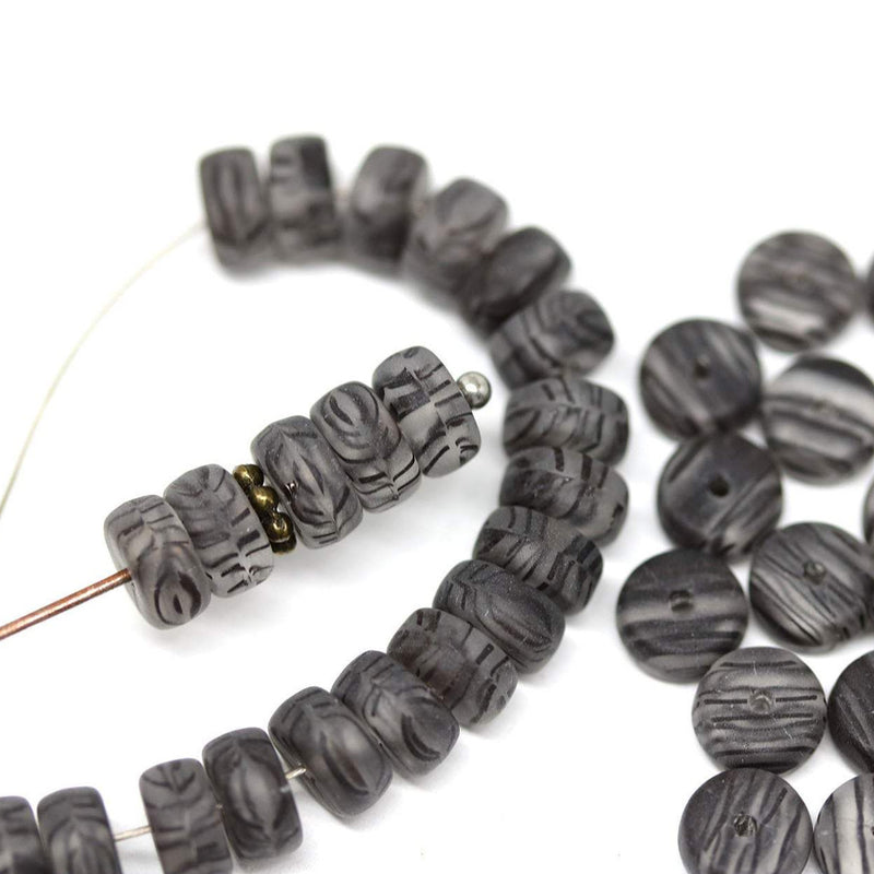 40pc Black striped rondelle beads, pressed czech glass spacers - 6x3mm