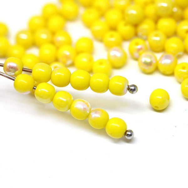 4mm round druk Yellow beads, Czech glass round spacers, AB finish - about 80Pc