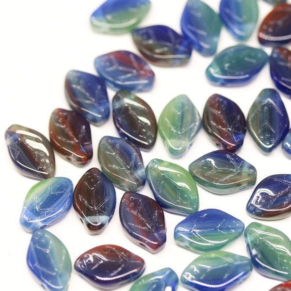 12x7mm Mixed color blue green red leaf beads, Czech glass - 50pc