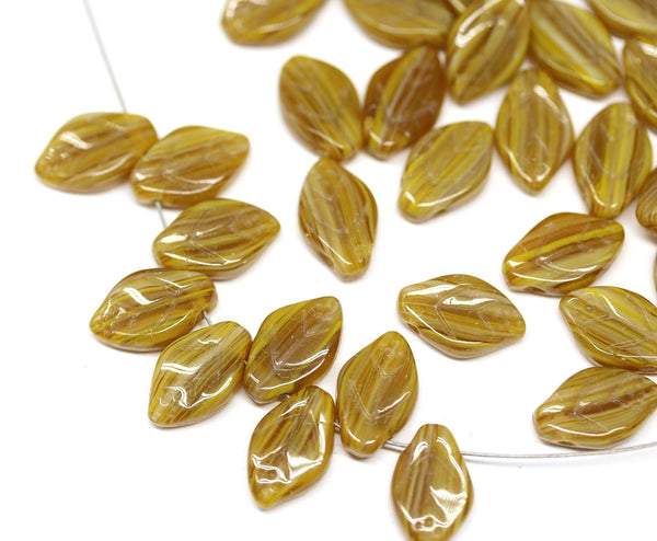 12x7mm Ocher yellow leaf beads, Czech glass pressed top drilled - 50pc