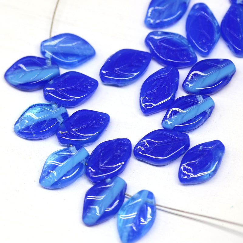 12x7mm Mixed blue leaf beads, Czech glass pressed - 50pc