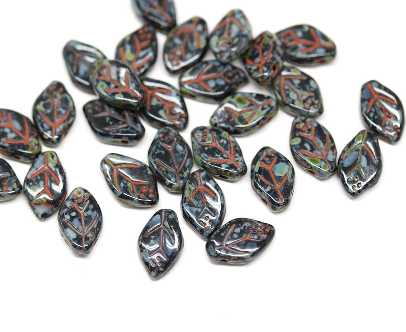 12x7mm Black leaf beads, 12x7mm Czech glass pressed - 50pc