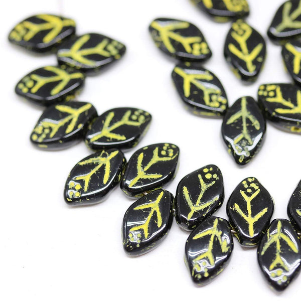 12x7mm Black leaf beads, 12x7mm Czech glass pressed leaves - 50pc