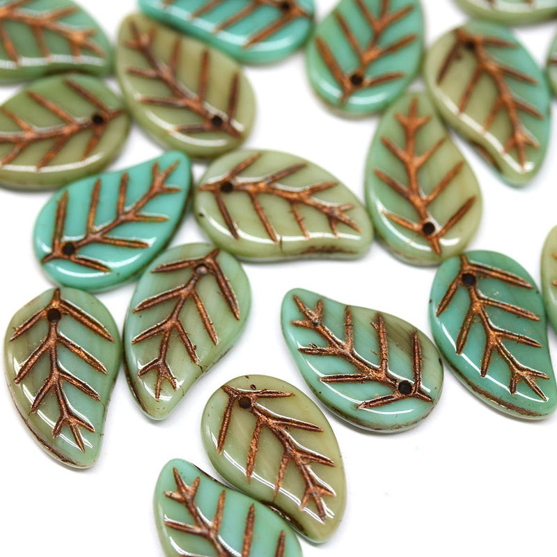 14x9mm Mixed green czech glass leaves, copper inlays, 15pc