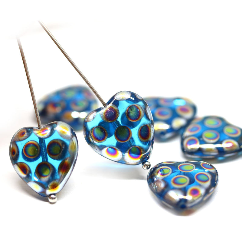 15mm Fancy heart, aqua blue czech glass beads, AB finish - 6Pc