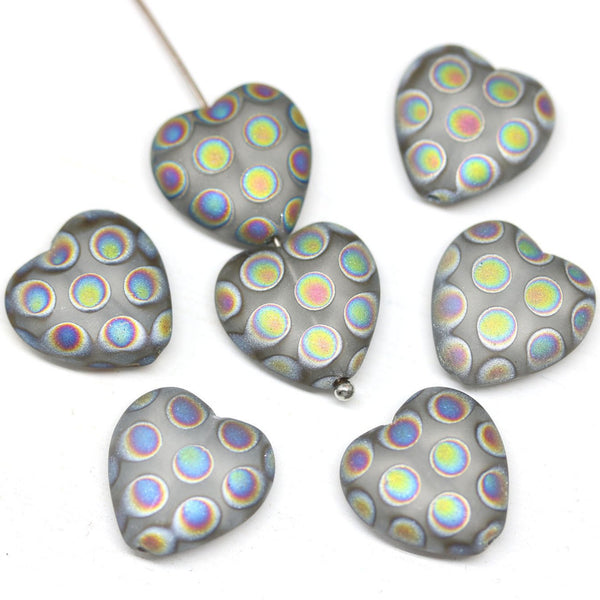 15mm Fancy Matte gray heart czech glass beads, AB finish - 7Pc