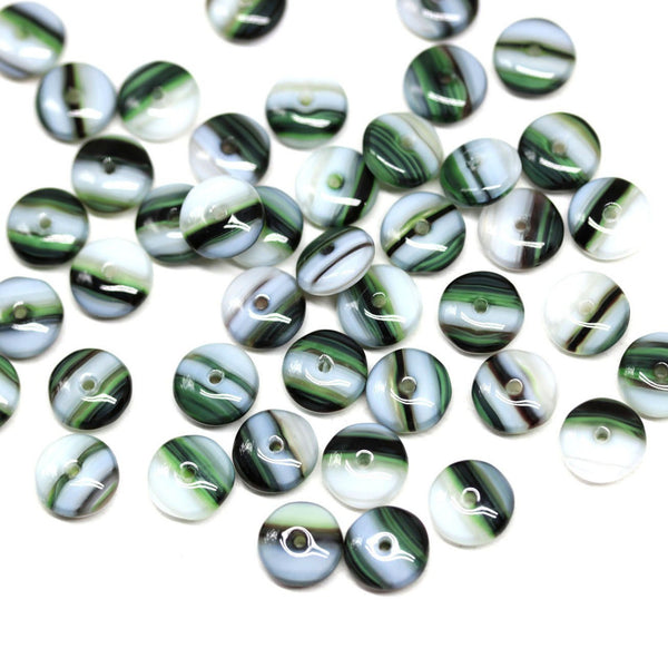 8mm White dark green glass rondelle beads, mixed color spacers - 50pc
