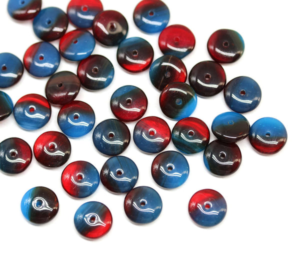 9mm Dark Blue red czech glass rondels mixed color beads - 50pc