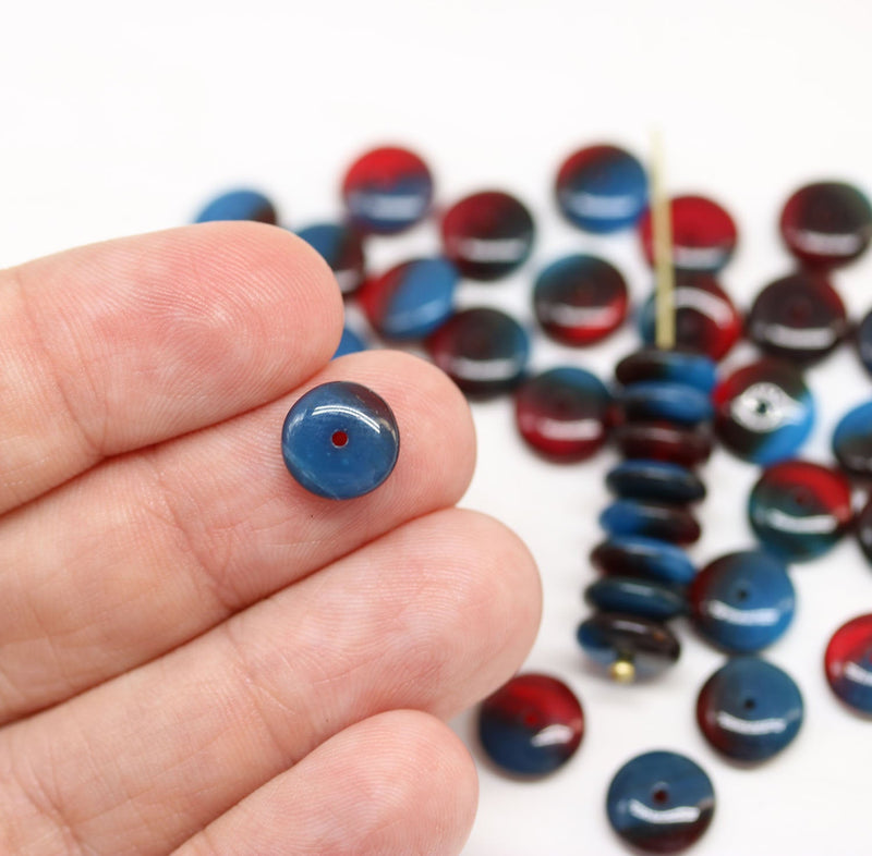 9mm Dark Blue red czech glass rondels mixed color beads - 50pc