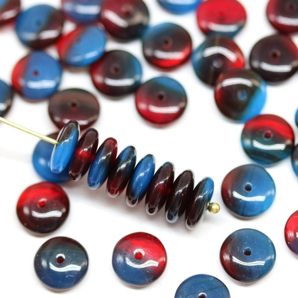 9mm Dark Blue red czech glass rondels mixed color beads - 50pc
