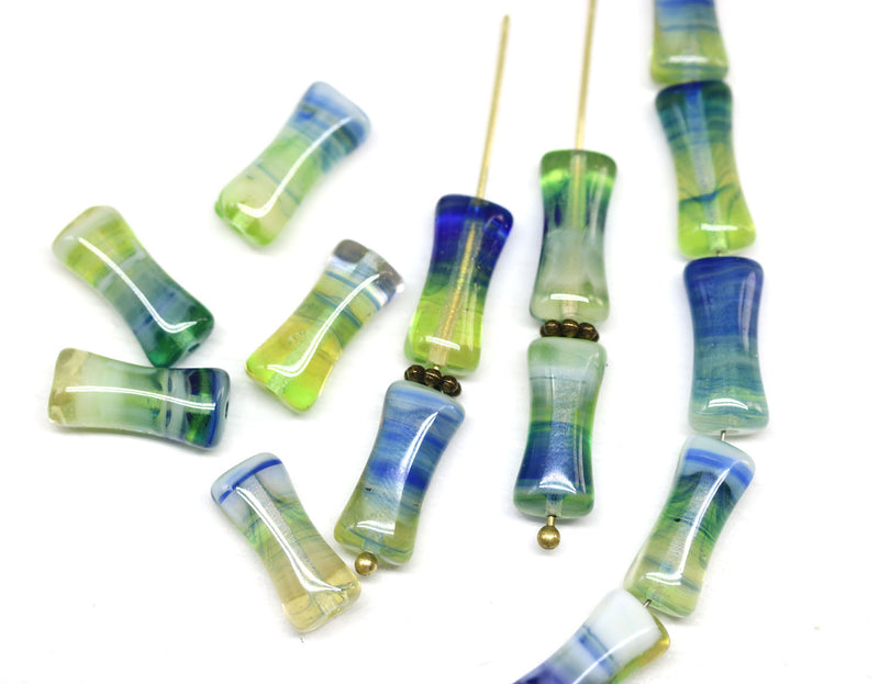 15x8mm Blue green bone shape czech glass long beads - 15Pc