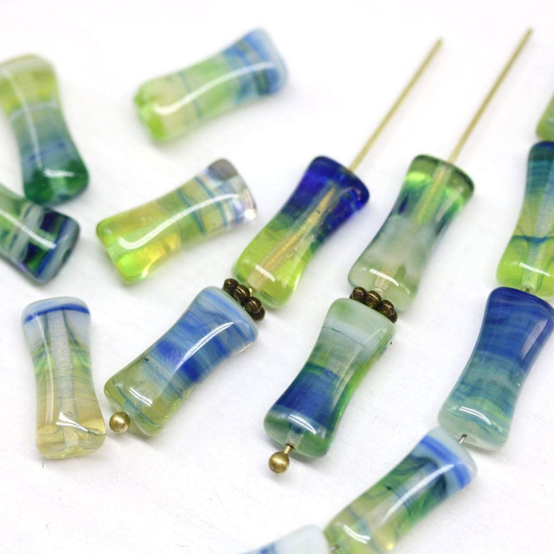 15x8mm Blue green bone shape czech glass long beads - 15Pc