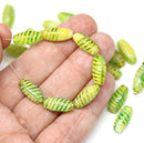 14x7mm Green yellow long barrel czech glass beads, mixed color 25Pc