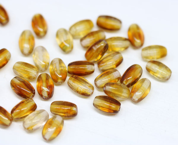 9x6mm Amber topaz Czech glass pressed barrel rice beads, 50pc