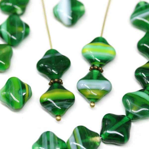12mm Dark green  yellow mixed Rhombus shape beads, 15pc