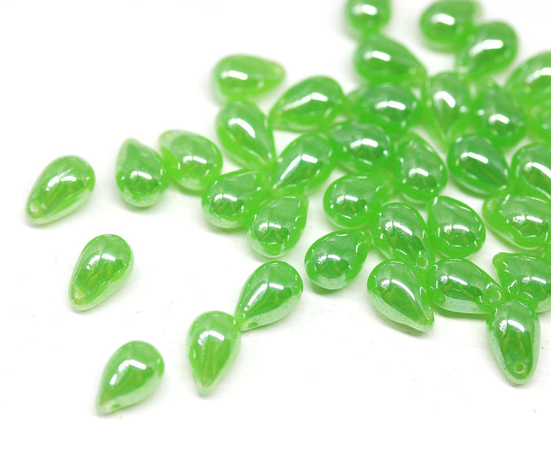 40pc Bright green czech glass teardrop beads, Green with luster pressed - 6x9mm